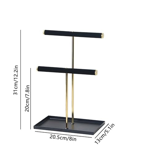 2 Tier Necklace Bracelet Holder Stand, Multi-Use Jewelry Display Organizer with Metal Tray, Velvet T-Bar Metal Necklace Organizer Stand, Jewelry Hanger Tower Rack for Men Women (Black 12" Tall) - color: Black
