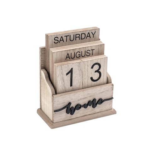 Vintage Wood Perpetual Flip Calendar with Cute Blocks for Desk - Office, Home Decor, Week Month Day Display