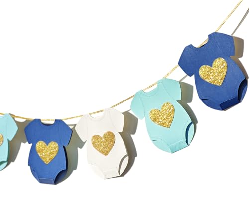 Blue Baby Shower Paper Garland Short-Sleeve Bodysuits Clothesline Garland Gender Reveal Birthday Banner Baby Outfit Pre - Strung Paper Decorations 9 pcs - color: Blue