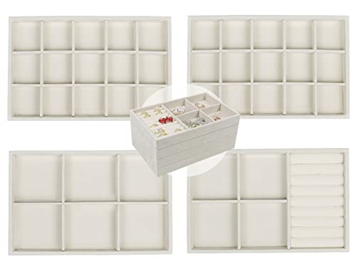 Set of 4 Stackable Jewelry Trays Organizer, Velvet Earring Organizer, Jewelry Organizer Showcase Display Drawer Organizer Storage, Earring Holder Necklace Bracelet Ring Accessary Organizers (Beige) - color: Beige