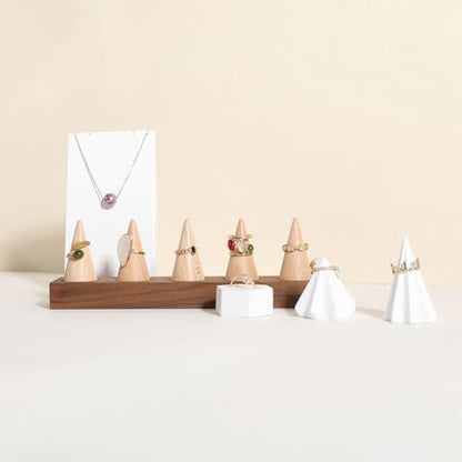 Wooden ring organizer holder for jewelry, Stable ring display stand for boutique store, walnut base with white ring cones for jewelry selling【Ring holder-Cone 5】 - style: Five Cone