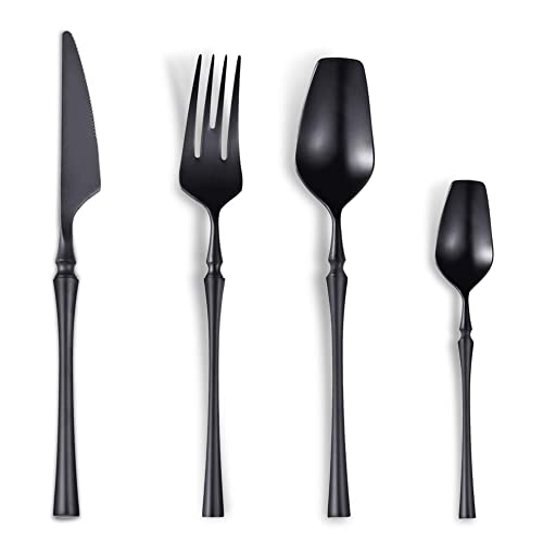 Lemeya 24-Piece Black Silverware Set for 6,Modern 18/10 Stainless Steel Flatware Set,Unique Rustic Cutlery Utensils Set,Spoon and Fork Set for Home, Restaurant,Wedding,Mirror Polished,Dishwasher Safe - color: Matte Black 24 Pieces Set with Tea Spoon