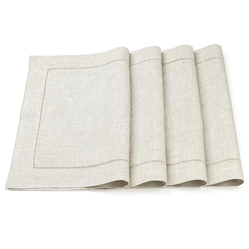 D'Moksha Homes Light Natural Linen Cloth Placemats Set of 4-100% Pure Linen Hemstitch Placemats 14 x 19 Inch - Classic Hemstitch Table Place Mats - Machine Washable - color: 08 - Light Natural