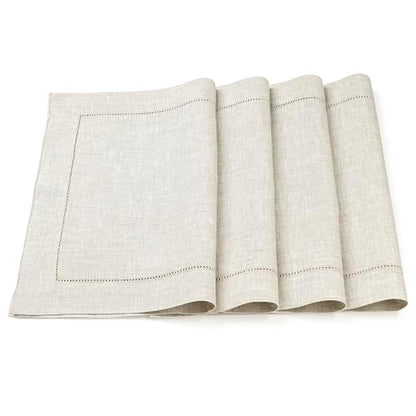 D'Moksha Homes Light Natural Linen Cloth Placemats Set of 4-100% Pure Linen Hemstitch Placemats 14 x 19 Inch - Classic Hemstitch Table Place Mats - Machine Washable - color: 08 - Light Natural