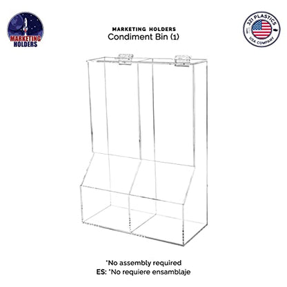 Marketing Holders Condiment Bin Double Compartment Sugar Packets and Wrapped Candy Caddy Clear Acrylic 8.5 Inch Wide by 12.25 Inch High Freestanding Tabletop Retail Stores and Container with Lid - size: Double Condiment Bin