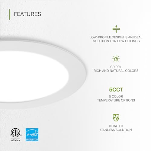 ASD 6 Pack LED Recessed Lighting 6 Inch 15W, 5 CCT 2700K-5000K CRI90+, IC Rated Ultra Thin Dimmable Ceiling Lights with J Box, Canless Wafer Downlight, Round Slim Panel Light, Energy Star ETL, White - color: White, size: 6 Inch 6 Pack
