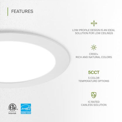 ASD 6 Pack LED Recessed Lighting 6 Inch 15W, 5 CCT 2700K-5000K CRI90+, IC Rated Ultra Thin Dimmable Ceiling Lights with J Box, Canless Wafer Downlight, Round Slim Panel Light, Energy Star ETL, White - color: White, size: 6 Inch 6 Pack