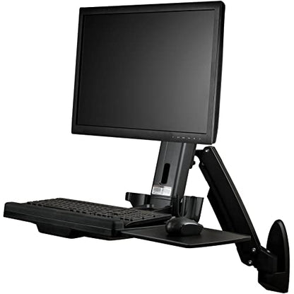 StarTech.com Wall Mount Workstation - Articulating Full Motion Standing Desk with Ergonomic Height Adjustable Monitor & Keyboard Tray Arm - Mouse & Scanner Holders - Single VESA Display, TAA - color: Black, style: Wall Mount – Spring Arm