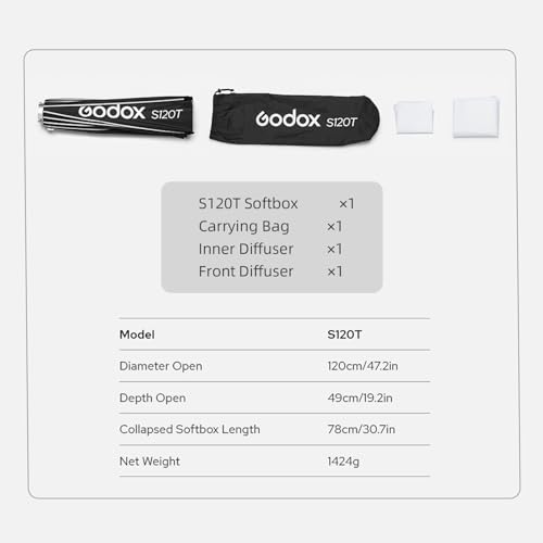 Godox S120T 120cm/47.2in Quick Release Umbrella Softbox Professional Foldable Softbox with Standard Bowen Mount & Diffusers for Photography Studio Photography Portrait Live Stream - size: 47.2 inch Softbox