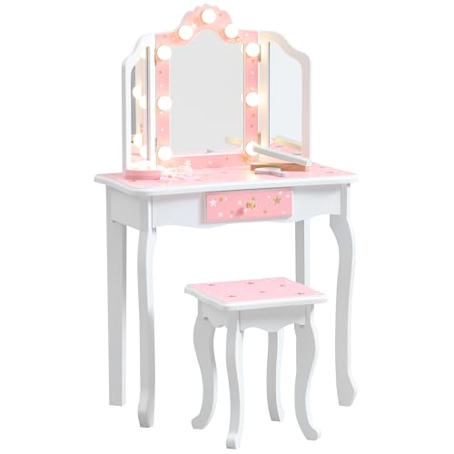 Nromant Kids Vanity Set, Princess Toddler Makeup Vanity with Mirror and 3-Color LED Lighted, Wooden Kids Vanity Table and Chair Set with Drawer for Little Girls - color: Pink With Lighted