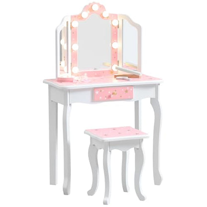 Nromant Kids Vanity Set, Princess Toddler Makeup Vanity with Mirror and 3-Color LED Lighted, Wooden Kids Vanity Table and Chair Set with Drawer for Little Girls - color: Pink With Lighted