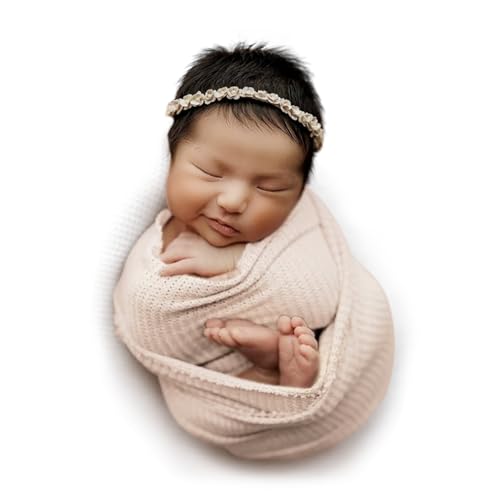 Newborn Photography Props for Baby Boys and Girls Newborn Wraps for Infant Baby Photoshoot Waffle Texture Knit Blanket - color: Oat