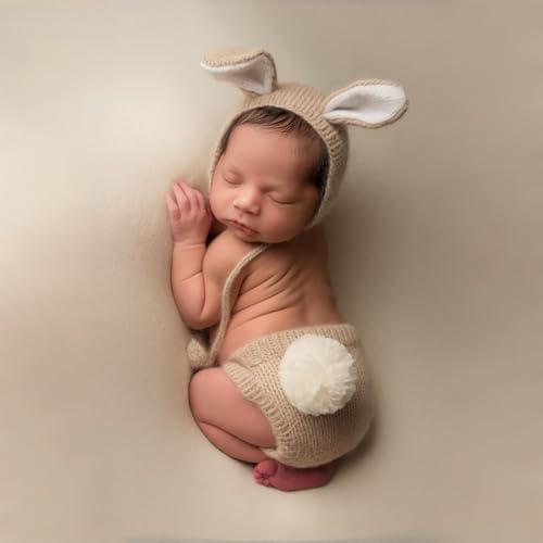 ForBaysy Newborn Photography Props Boy Girl Crochet Bunny Costume Set Baby Photo Shoot Outfits with Rabbit Ear Hat - color: Latte Bunny Set