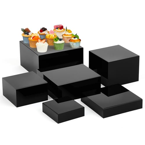 Leinuosen 6 Pcs Large Buffet Risers, 6 to 11 Inch Catering Dessert Table Risers Food Decorative Stands with hollow bottom for Catering Supplies, Party(Black, Square) - color: Black, size: 6 to 11 Inch, style: Square