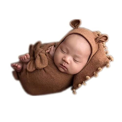 Newborn Baby Boy Girl Photography Props Bow Wrap, Posing Aid, Hat and Blanket Set of 4 Pcs - color: Dark Coffee