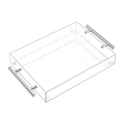 Richboom Clear Acrylic Serving Tray 16"x12" - Coffee Table Living Room Kitchen Decorative Tray with Silver Metal Handles, Bathroom Vanity Tray Perfume Cosmetic Storage Organizer - size: 16" x 12" x 2"