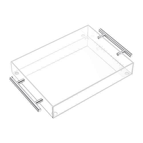 Richboom Clear Acrylic Serving Tray 16"x12" - Coffee Table Living Room Kitchen Decorative Tray with Silver Metal Handles, Bathroom Vanity Tray Perfume Cosmetic Storage Organizer - size: 16" x 12" x 2"