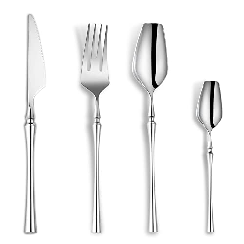 Lemeya 24-Piece Silverware Set for 6,Modern 18/10 Stainless Steel Flatware Set,Unique Rustic Cutlery Utensils Set,Spoon and Fork Set for Home, Restaurant,Wedding,Mirror Polished,Dishwasher Safe - color: Silver 24 Pieces Set with Tea Spoon