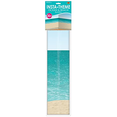 Beistle Printed Plastic Ocean & Sandy Beach Photo Backdrop Summer Tropical Photography Background for Luau Party, Pkg of 1, Blue/Sand - style: Ocean & Beach