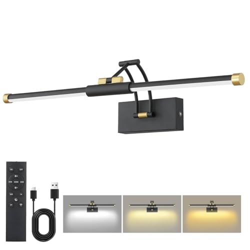 24“ Picture Lights for Wall, 8000mAh Rechargeable Wireless Picture Light with Remote, LED Wall Lights 3000K/4000K/6000K Dimmable, Art Lighting for Paintings Frame Gallery Dartboard, Black Gold - color: Black Gold, size: 24 inch