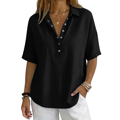 Cotton Linen Shirts for Women 2026 Summer Gauze Shirts Button Down V Neck Half Sleeve Blouses Dressy Casual Clothes - color: Black, size: Medium