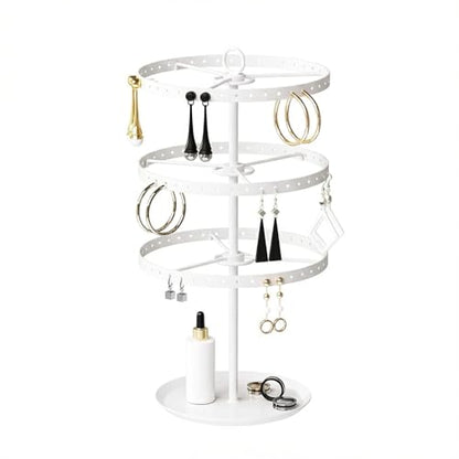 3 Tiers Metal Rotating Earring Holder Organizer Stand Adjustable Display Tree, 126 Holes Large Carousel Rack for Stud Hoop Pierced Dangling Women Girls, Perfect View for All Earrings (White) - color: White