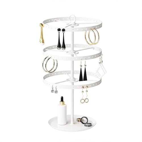 3 Tiers Metal Rotating Earring Holder Organizer Stand Adjustable Display Tree, 126 Holes Large Carousel Rack for Stud Hoop Pierced Dangling Women Girls, Perfect View for All Earrings (White) - color: White