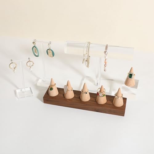 Wooden ring organizer holder for jewelry, Stable ring display stand for boutique store, walnut base with white ring cones for jewelry selling【Ring holder-Cone 5】 - style: Five Cone