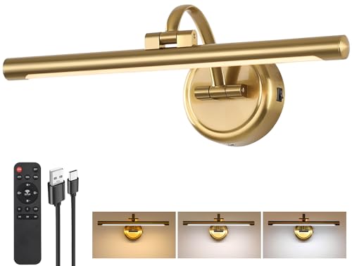 Picture Light for Wall,Battery Operated Art Lights for Painting,3 Color Selections and Brightness, Adjustable Wireless Portrait Lights with Remote for Artwork,Bookcase,Photo Frames(Brass, 15.7inch) - color: Brass, size: 15.7inch