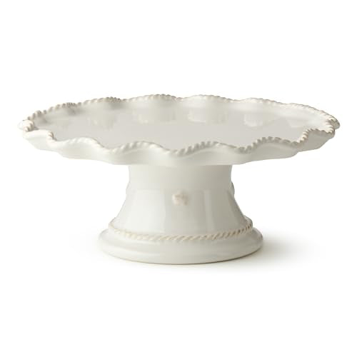 Heritage Scroll Footed Cake Plate – Elegant 11.5" x 4.75" Ivory Stoneware Pedestal Stand with Sculpted Rim – Display Cakes, Cupcakes, Pies & Pastries in Timeless Style