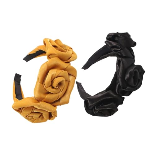Veemoon Rose Flower Headbands 2pcs for Women, Fabric Floral Hairbands in Yellow and Black, Vintage Style Head Accessories for Cosplay and Masquerade