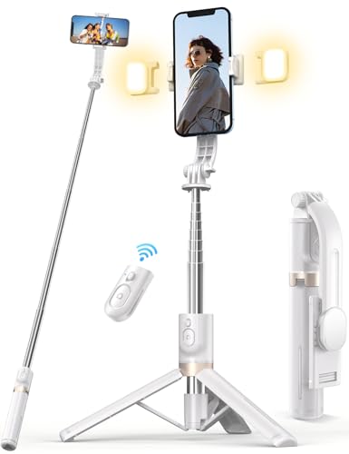 45'' Selfie Stick with Light, Travel Tripod Essentials with Wireless Remote, Portable Cell Phone Tripod Stand, Beach Cruise Ship Essentials for Family, Compatible with 4-7.2" All Smartphone - color: White - 45" Standard Height