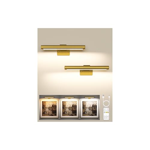 EZVALO Picture Light for Wall, Rechargeable 2400mAh Battery Lights Wireless with IR Remote, 3 Color & Dimmable Magnetic 7.87'' LED Lights Display for Painting, Living Room, Gallery, Bedroom(Gold-2P) - color: Gold, size: 2Pack-7.8in