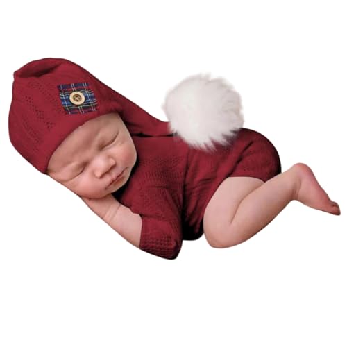 Christmas Newborn Baby Photo Shoot Props Outfits Crochet Clothes Santa Claus Red Hat Pants Photography Props - color: Reda