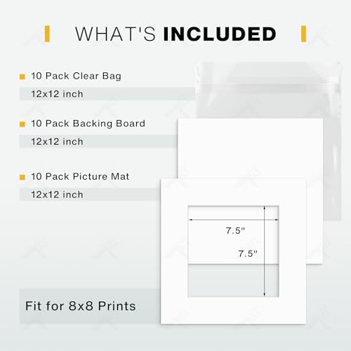 Golden State Art, Pack of 10, Pre-Cut 12x12 White Picture Mat Kit for 8x8 Photo, 10 White Core Bevel Cut Mattes, 10 Backing Boards and 10 Clear Bags - color: White, size: 12x12 for 8x8 (10 Pack)