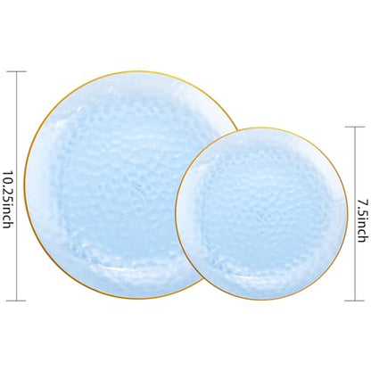 Rubtlamp 60Pcs Clear Blue Plastic Plates, Hammered Blue Plates, Clear Fancy Disposable Plates With Gold Rim Include 30 Dessert Plates, 30 Dinner Plates for Party - color: Clear Blue Gold