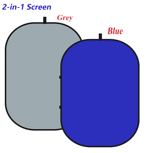 3.3x5ft/1x1.5m Chromakey Blue Grey Backdrop with 6.23ft Stand, 2-in-1 Blue Screen and Grey Screen Collapsible Reversible Pop-Up Background Panel for Photography, Live Streaming, Video Shooting - color: Blue/Gray