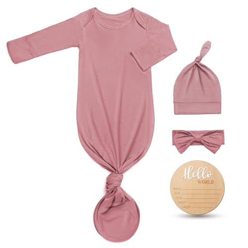 Hello World Newborn Outfit Knotted Gown 0-3 Months, Baby Girl Boy Coming Home Sleeper with Sign - color: Dusty Pink, size: Newborn