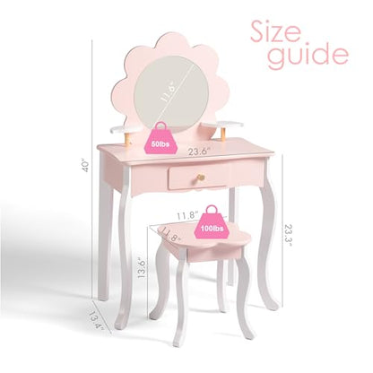 Spirich Kids Vanity, Girls Vanity Set with Mirror and Stool and Lights, Kids Vanity Table and Chair Set, Wooden Princess Makeup Desk Dressing Table (Flower Shape with LED Strip) - size: Flower Shape With Led Strip