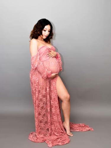Saslax Soft Stretchy Lace Off Shoulder Doubly Split A-line Skirt Maternity Dress Pregnancy Maxi Gown for Photoshoot - color: Antique Rose, size: X-Large