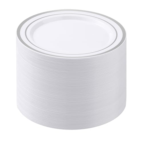 BESTSTAR 100PCS White Plastic Plates for Party, 10.25 Inch Disposable Plates with Silver Rim, Heavy Duty Dinner Plates for Wedding and Birthday - color: White Silver, size: 10.25 inch
