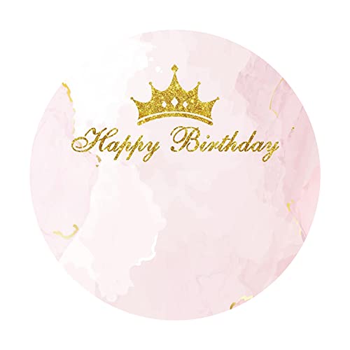 Leyiyi 6x6ft Happy Birthday Round Backdrop Cover Pink Marble Glitter Gold Princess Crown Photography Background for Baby Girl Newborn Kids Birthday Party Decoration Studio Props Photo Booth Props - size: 6x6ft-Diameter