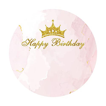 Leyiyi 4x4ft Happy Birthday Round Backdrop Cover Pink Marble Glitter Gold Princess Crown Photography Background for Baby Girl Newborn Kids Birthday Party Decoration Studio Props Photo Booth Props - size: 4x4ft-Diameter