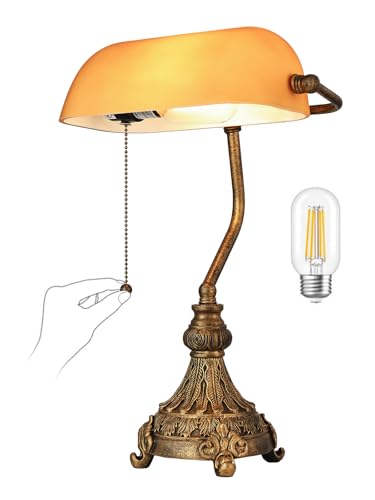Vintage Amber Glass Bankers Desk Lamp for Home Office,Library with Pull Chain Switch Plug in Fixture, LED Bulb Included - color: Antique+Amber