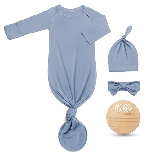 Hello World Newborn Outfit Knotted Gown 0-3 Months, Baby Girl Boy Coming Home Sleeper with Sign - color: Serenity Blue, size: Newborn