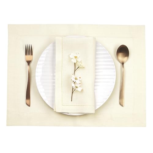 D'Moksha Homes Linen Placemats Set of 4 - Classic Hemstitch Ivory Placemats 14 x 19 Inch - 100% Pure Linen Table Mats for Spring - Handcrafted and Machine Washable - color: 10 - Ivory