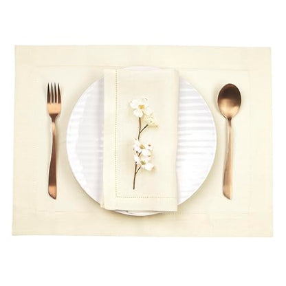 D'Moksha Homes Linen Placemats Set of 4 - Classic Hemstitch Ivory Placemats 14 x 19 Inch - 100% Pure Linen Table Mats for Spring - Handcrafted and Machine Washable - color: 10 - Ivory