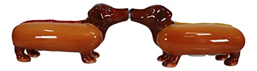 Ebros Kissing Hot Dog Sausage Wiener Dachshunds Couple In Ketchup And Mustard Salt Pepper Shakers Ceramic Magnetic Figurine Set 4.75"L