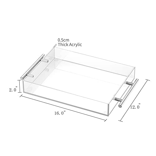 Richboom Clear Acrylic Serving Tray 16"x12" - Coffee Table Living Room Kitchen Decorative Tray with Silver Metal Handles, Bathroom Vanity Tray Perfume Cosmetic Storage Organizer - size: 16" x 12" x 2"