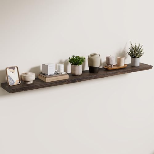 Axeman 55 inch Floating Shelves for Wall - 8'' D Live Edge Rustic Solid Elm Wood Floating Shelves Wall Mounted, Hanging Shelves with Invisible Bracket for Living Room Bedroom Kitchen, Walnut - color: Walnut With Live Edge, size: 55 Inches - 1p